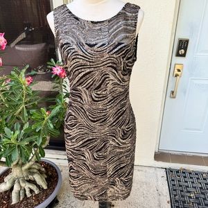 CALVIN KLEIN. TAUPE & BLACK SEQUINS SHEATH DRESS. Size 8. Sleeveless. Zi…